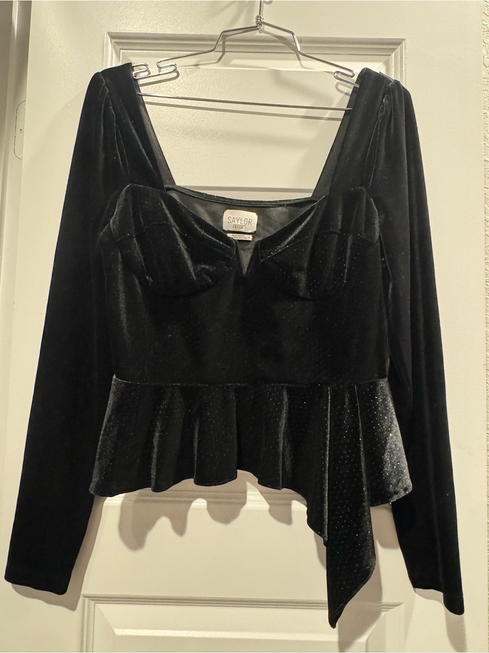 SAYLOR Black Velvet Long-Sleeve Asymmetric Peplum Top